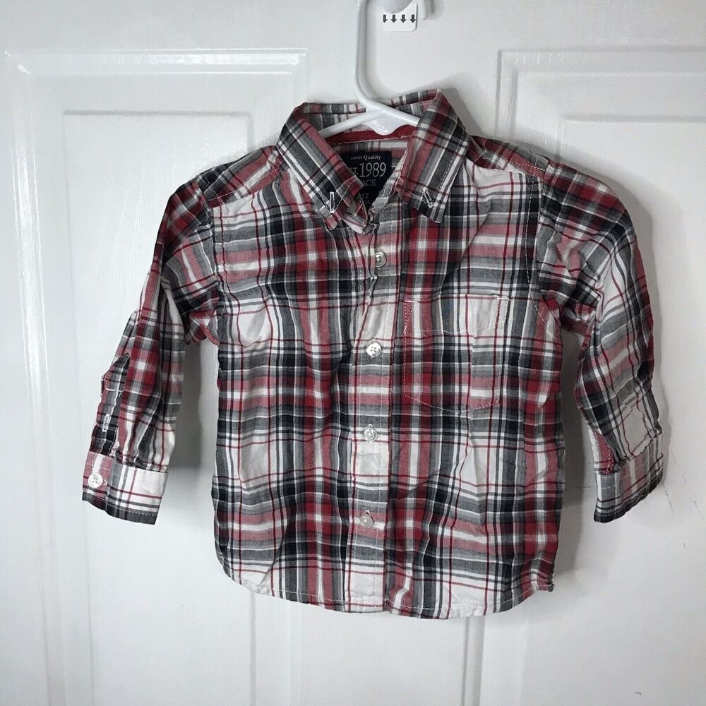 Place 12 M boy button down long sleeve red and black
